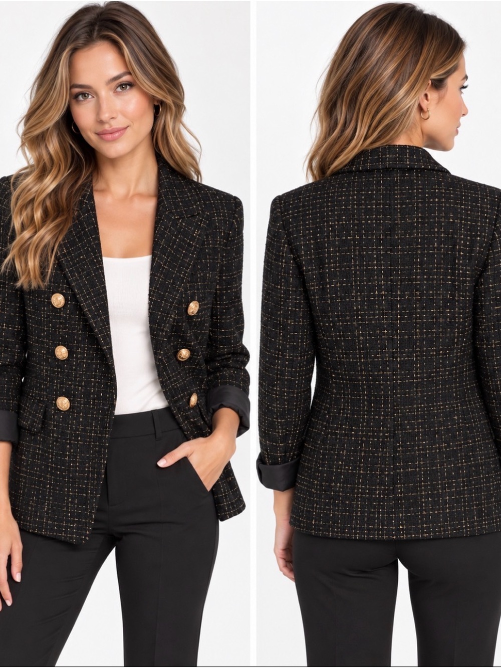 ELLEVEN NWT Black Gold Tweed Double Breasted Blazer Jacket XL